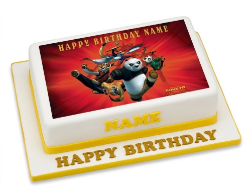 Rectangular white cake with yellow trim, featuring an edible image of Kung Fu Panda characters and a personalised Happy Birthday message.