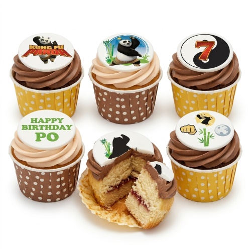 Kung Fu Panda themed cupcakes with chocolate and vanilla frosting, featuring Po and custom age toppers.