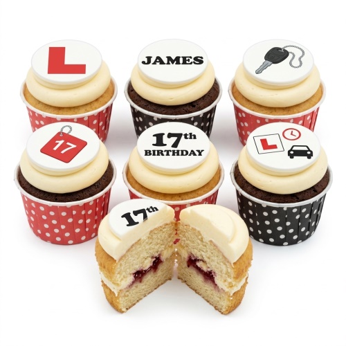 Cupcakes with 'L' plate, car key, and 17th birthday toppers, some with personalised name.