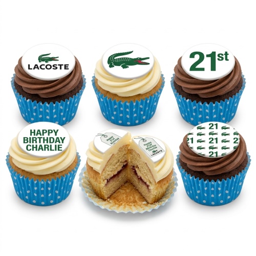 A set of six Lacoste themed birthday cupcakes with crocodile logos, Lacoste text, and custom age toppers.