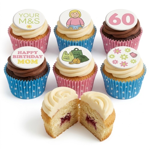 Assorted birthday cupcakes with custom age, 'Happy Birthday Mom' message, and themed toppers.