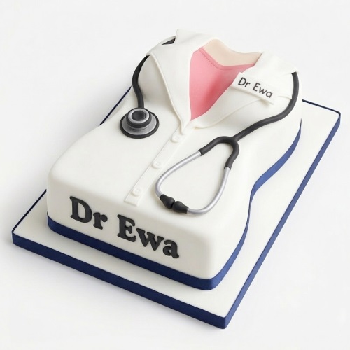 White doctor's coat shaped cake with a pink undershirt and edible stethoscope, featuring a custom name.