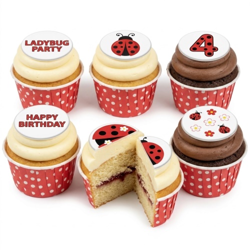 Six ladybug themed cupcakes with cream and chocolate frosting, red and white polka dot cases, and customisable toppers.