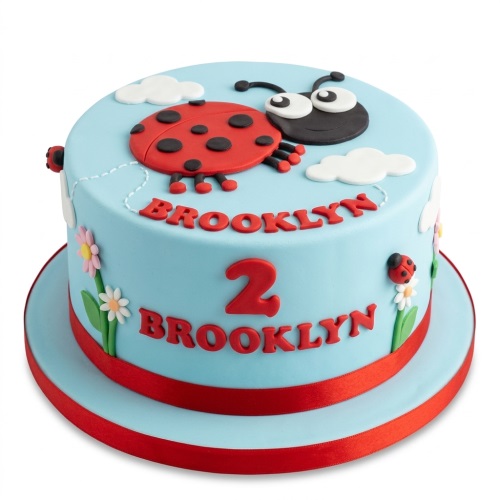Round blue ladybug birthday cake with white clouds, red number, and personalised name.
