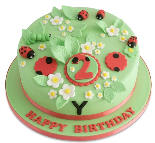 Round green birthday cake with red ladybugs, green leaves, white flowers, and a custom age topper.