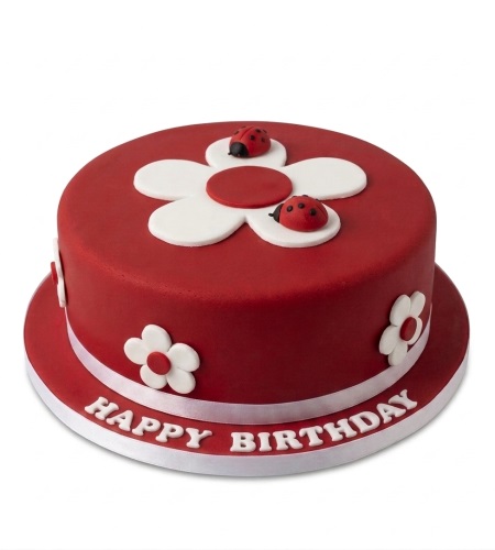 Round red birthday cake with white fondant flowers and red ladybug decorations.