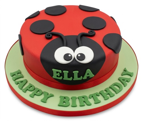 Round red ladybug birthday cake with black spots, white eyes, and personalised "Happy Birthday" message.