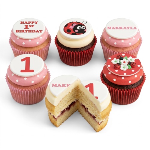 Six ladybug and 1st birthday themed cupcakes with pink and red frosting.