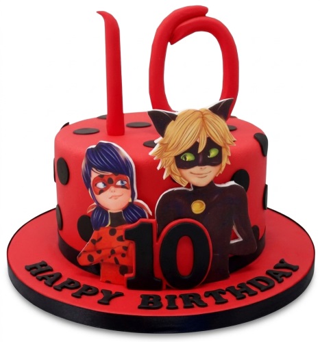 Red Miraculous Ladybug and Cat Noir birthday cake with black polka dots and a custom age topper.