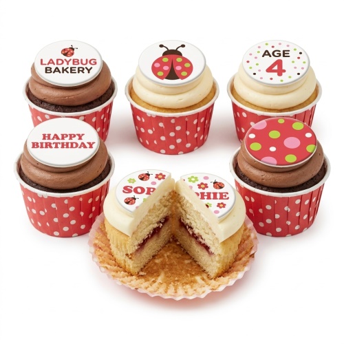 Six ladybug and polka dot themed cupcakes in red and white wrappers, with custom age and name toppers.