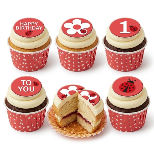 A selection of ladybird and flower themed birthday cupcakes with an example custom age topper.