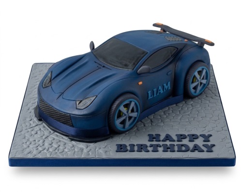 3D dark blue racing sports car birthday cake on a grey textured road cake board.
