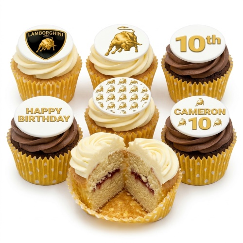 A selection of vanilla and chocolate cupcakes with white icing and gold Lamborghini logo toppers, some with custom age and name.
