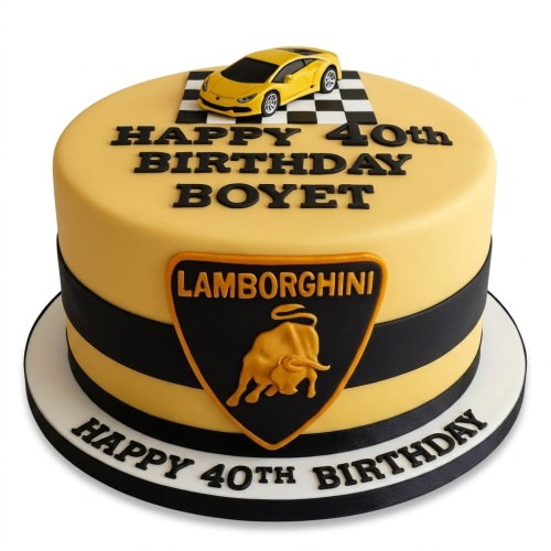 Yellow round birthday cake with a yellow Lamborghini car model, checkered flag, and Lamborghini emblem. Features custom age and name.