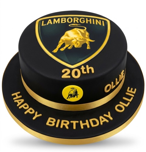 Black and gold Lamborghini birthday cake with custom age and name