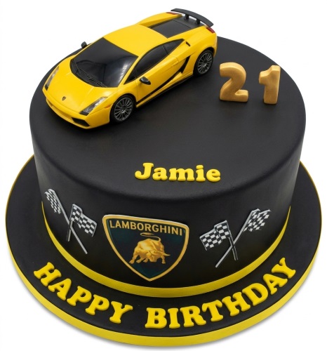 Black and yellow Lamborghini car birthday cake with custom age topper and racing flags.