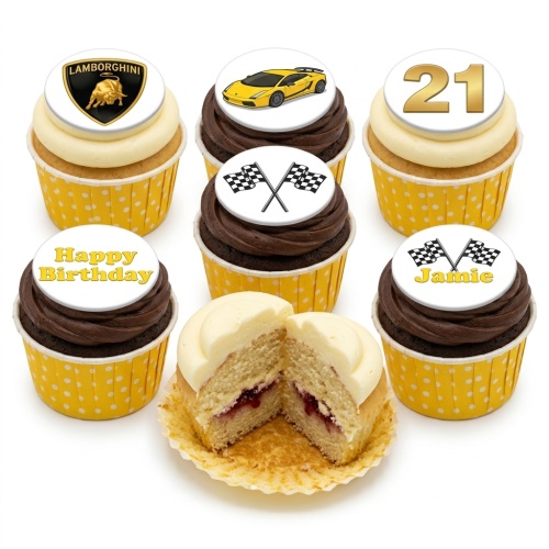 Assorted cupcakes with Lamborghini logo, yellow sports car, racing flags, custom age, and personalised name toppers.
