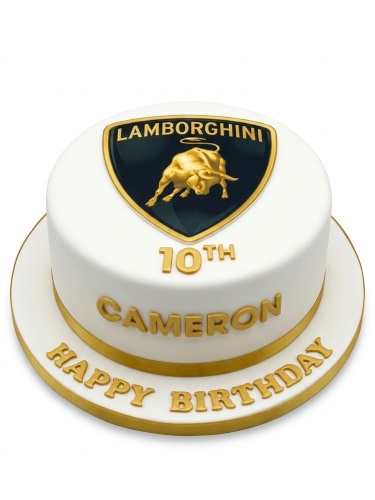 White round cake with gold Lamborghini logo and gold custom age and name lettering.