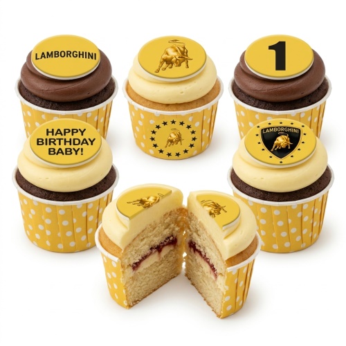 Lamborghini themed birthday cupcakes with bull logo and custom age/message toppers.