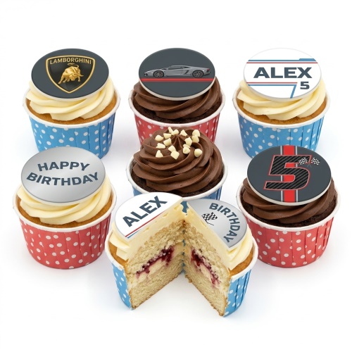 A set of racing car themed birthday cupcakes with Lamborghini logo, sports car, racing flags, and custom age topper.