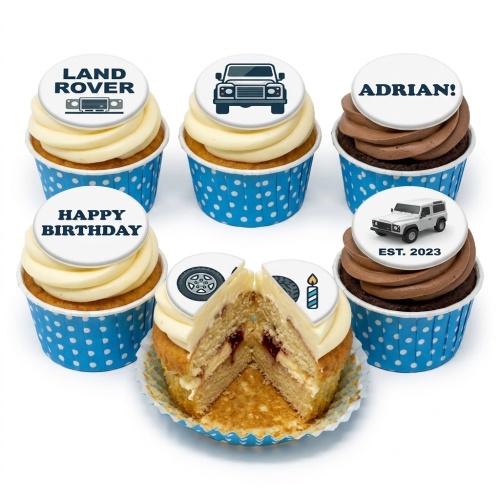 Land Rover themed birthday cupcakes with car designs and custom text