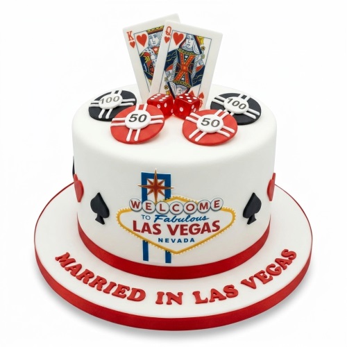 White fondant cake with Las Vegas sign, playing cards, dice, and poker chips