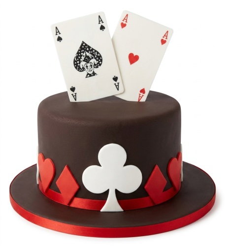 Dark brown top hat cake with red ribbon, card suit decorations, and two ace playing card toppers.