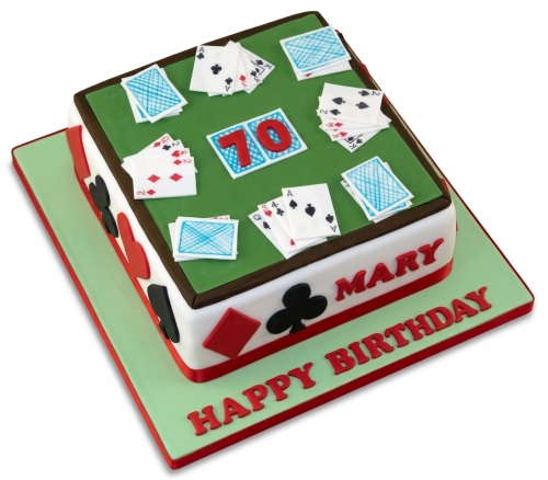 Square poker theme birthday cake with edible playing cards, card suits, and custom age number.