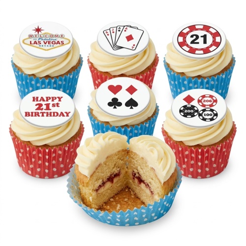 Las Vegas casino themed cupcakes with playing cards, chips, and birthday message toppers.
