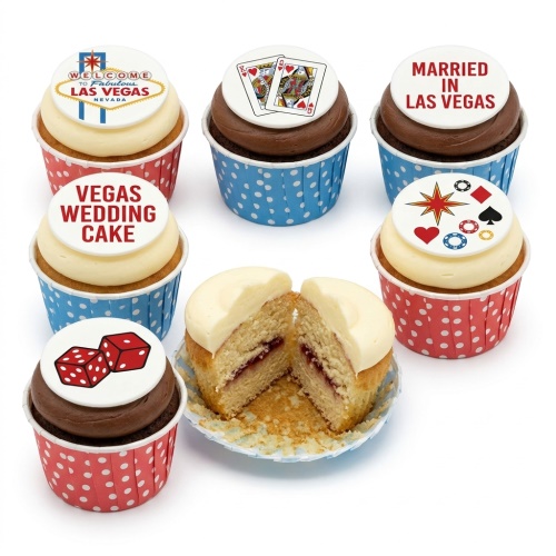 Assortment of Las Vegas casino themed cupcakes with playing cards, dice, casino chips, and Vegas sign toppers.