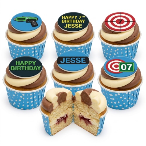 007 spy themed cupcakes with laser gun and target toppers, custom age and name.