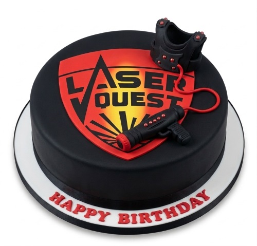 Round black Laser Quest themed birthday cake with edible laser gun and target vest.