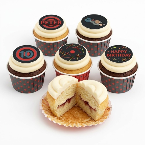 Spy theme birthday cupcakes with target, spy figure, and custom age and name toppers.