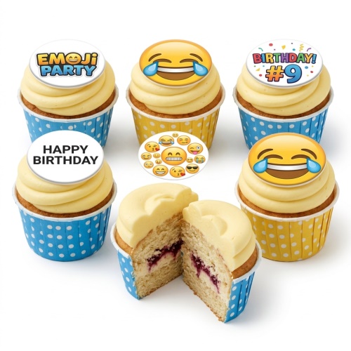 A selection of yellow-frosted cupcakes with various emoji toppers, including 'Emoji Party', 'Happy Birthday', 'Birthday! #9', and the 'face with tears of joy' emoji, in blue and yellow polka dot wrappers.
