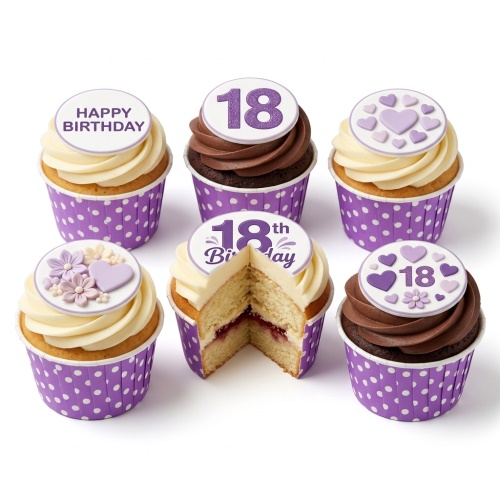 Purple and cream birthday cupcakes with custom age, happy birthday, heart, and floral toppers.