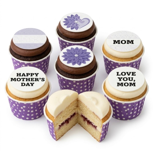 Mother's Day cupcakes with purple floral designs and 'Happy Mother's Day' messages