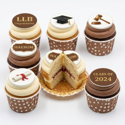 Selection of graduation themed cupcakes with various toppers including a graduation cap, scroll, gavel, and text.