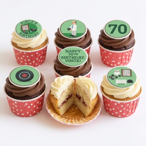 Lawn Bowls themed birthday cupcakes with green toppers, showing bowling pins, bowls, a score card, a bowler, and a custom age topper.