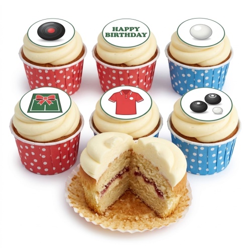 Vanilla cupcakes with white frosting, topped with bowling balls, record, gift, polo shirt, and "Happy Birthday" toppers in red and blue cases.