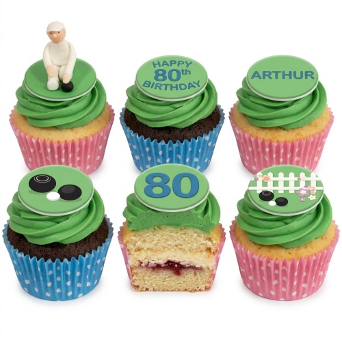 Lawn bowls themed cupcakes with green frosting, edible bowler figurine, bowling balls, and custom age topper.