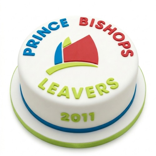 White round cake with a custom school logo and 'Leavers' message in blue, red, and green, with a custom year.