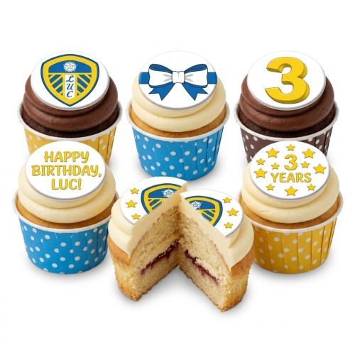 Leeds United football themed cupcakes with custom age topper and personalised message, in blue and yellow polka dot wrappers.