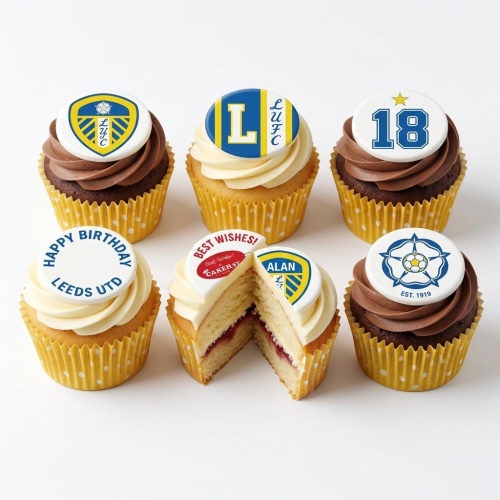 Leeds United football themed birthday cupcakes with club crests and custom age topper.