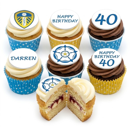 Assortment of Leeds United football and Yorkshire Rose themed birthday cupcakes with customisable toppers.