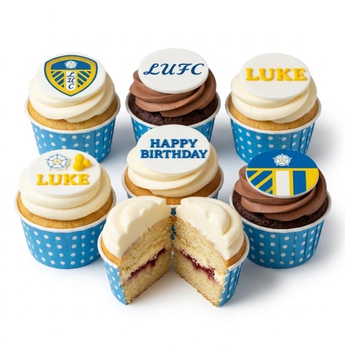 Leeds United football themed birthday cupcakes with team crest, flag, LUFC text, and custom message toppers.