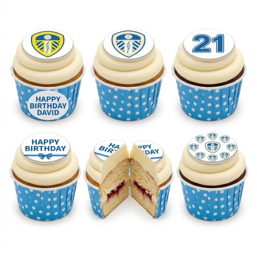 Vanilla cupcakes with Leeds United FC crest toppers and custom age/message.