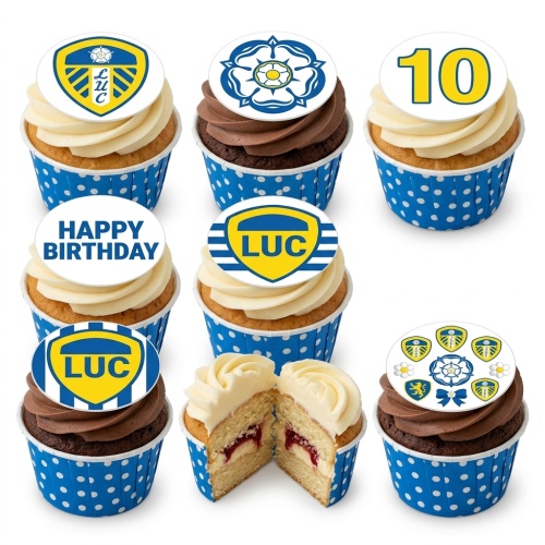 Leeds United football themed cupcakes with club crests, Yorkshire Rose, and custom age topper.