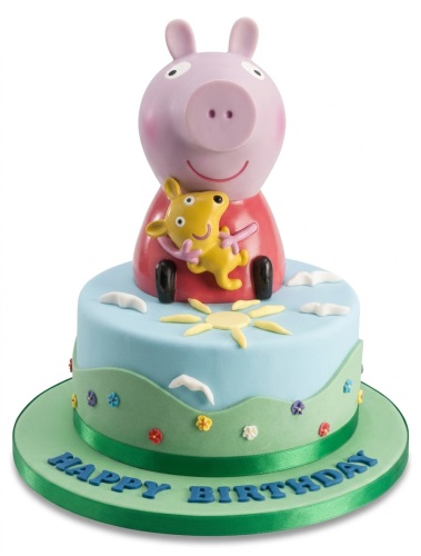 Round single-tier Peppa Pig birthday cake with 3D Peppa Pig topper, sun, clouds, and flowers.