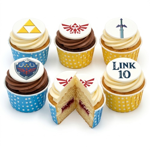 Legend of Zelda themed cupcakes with Triforce, Hylian Crest, Master Sword, Hylian Shield toppers.