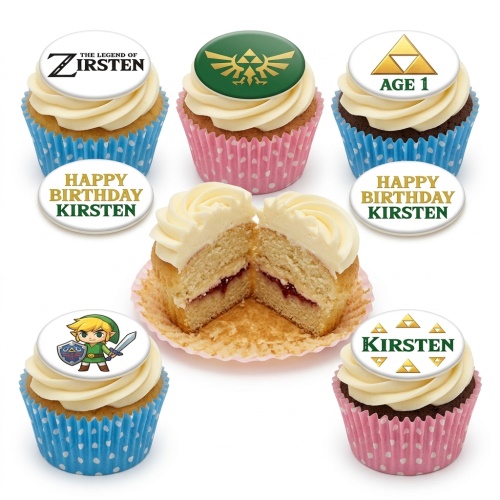 Legend of Zelda themed cupcakes with Link, Triforce, and Hylian Crest edible toppers.